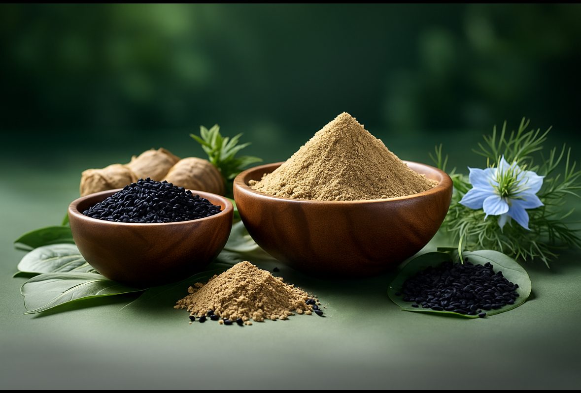Graines de nigelle et poudre de costus dans des bols en bois