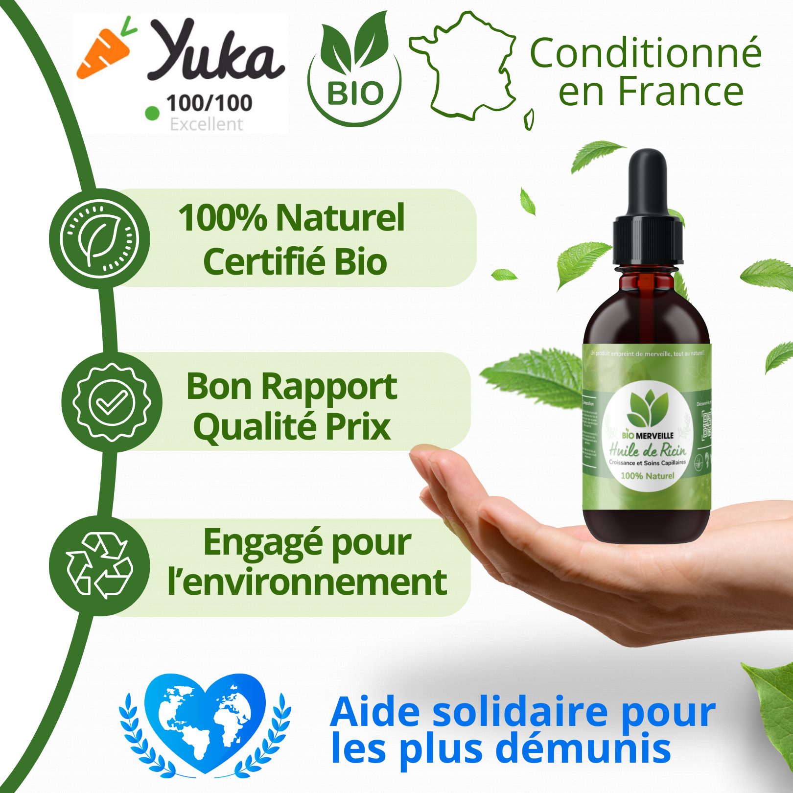 Flacon ambré d'huile de ricin bio BioMerveille 100 ml avec pipette, vue 3