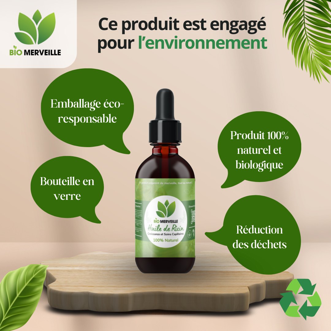 Flacon ambré d'huile de ricin bio BioMerveille 100 ml avec pipette, vue 4