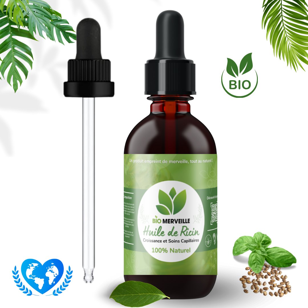 Flacon ambré d'huile de ricin bio BioMerveille 100 ml avec pipette, vue 6