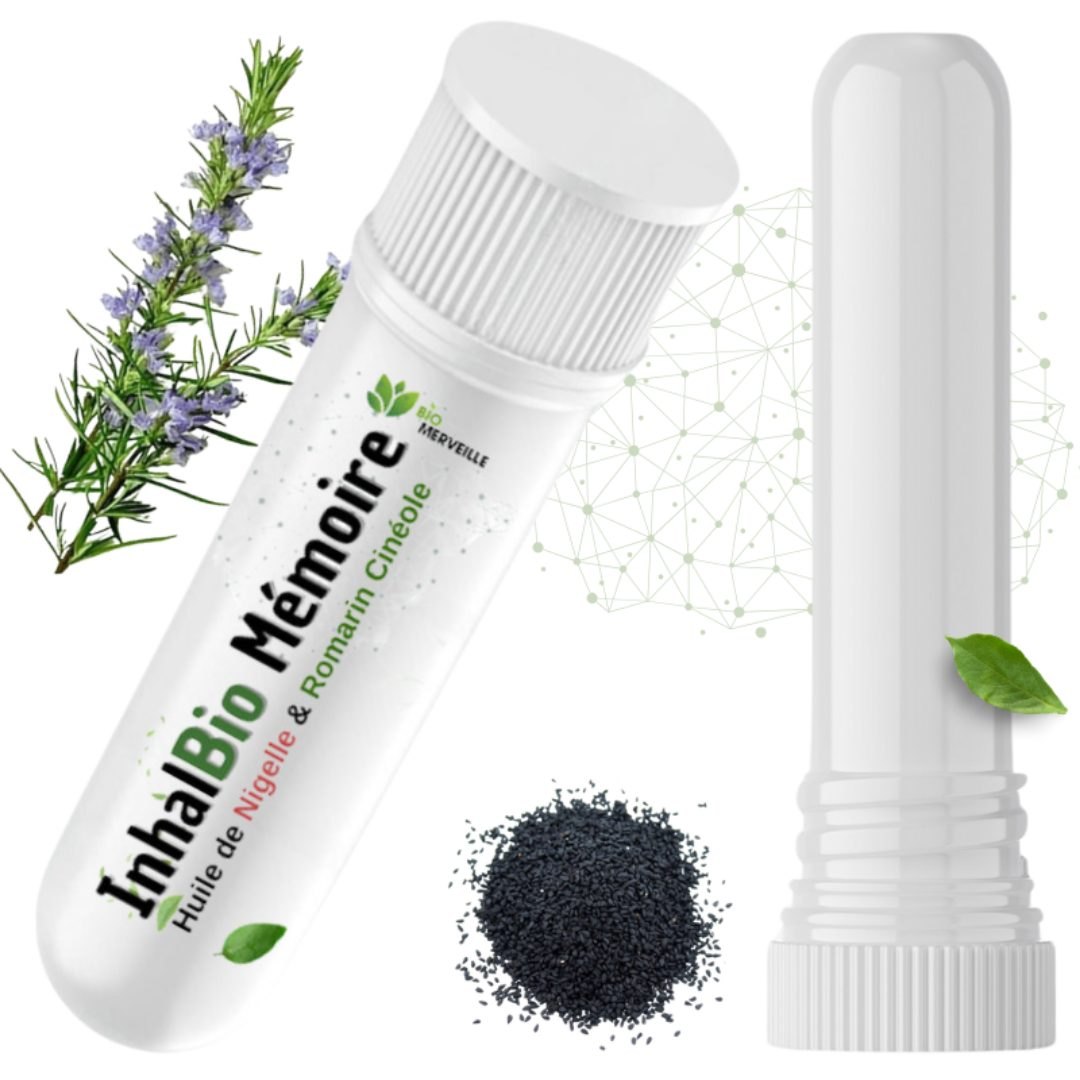 Inhalateur bio BioMerveille ouvert, avec un brin de romarin à cinéole et des graines de nigelle