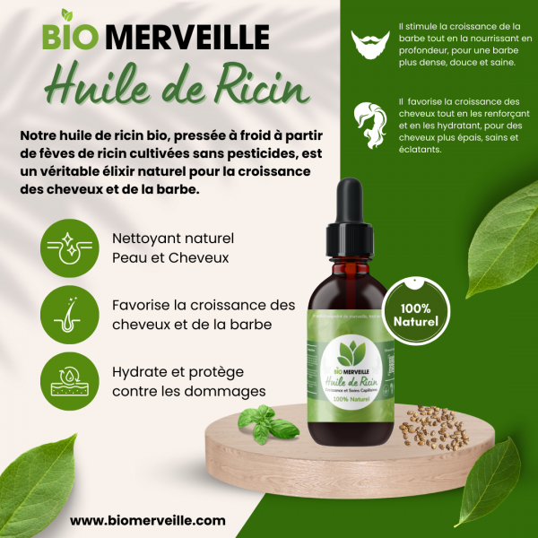 Huile de Ricin Bio 100% Naturelle – Soin Cheveux, Barbe & Peau Bio 100% Naturelle – Bienfaits - Castor Oil